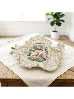 Capodimonte Gilded Porcelain Dish Cherubs Italy Vintage 11" - AS IS